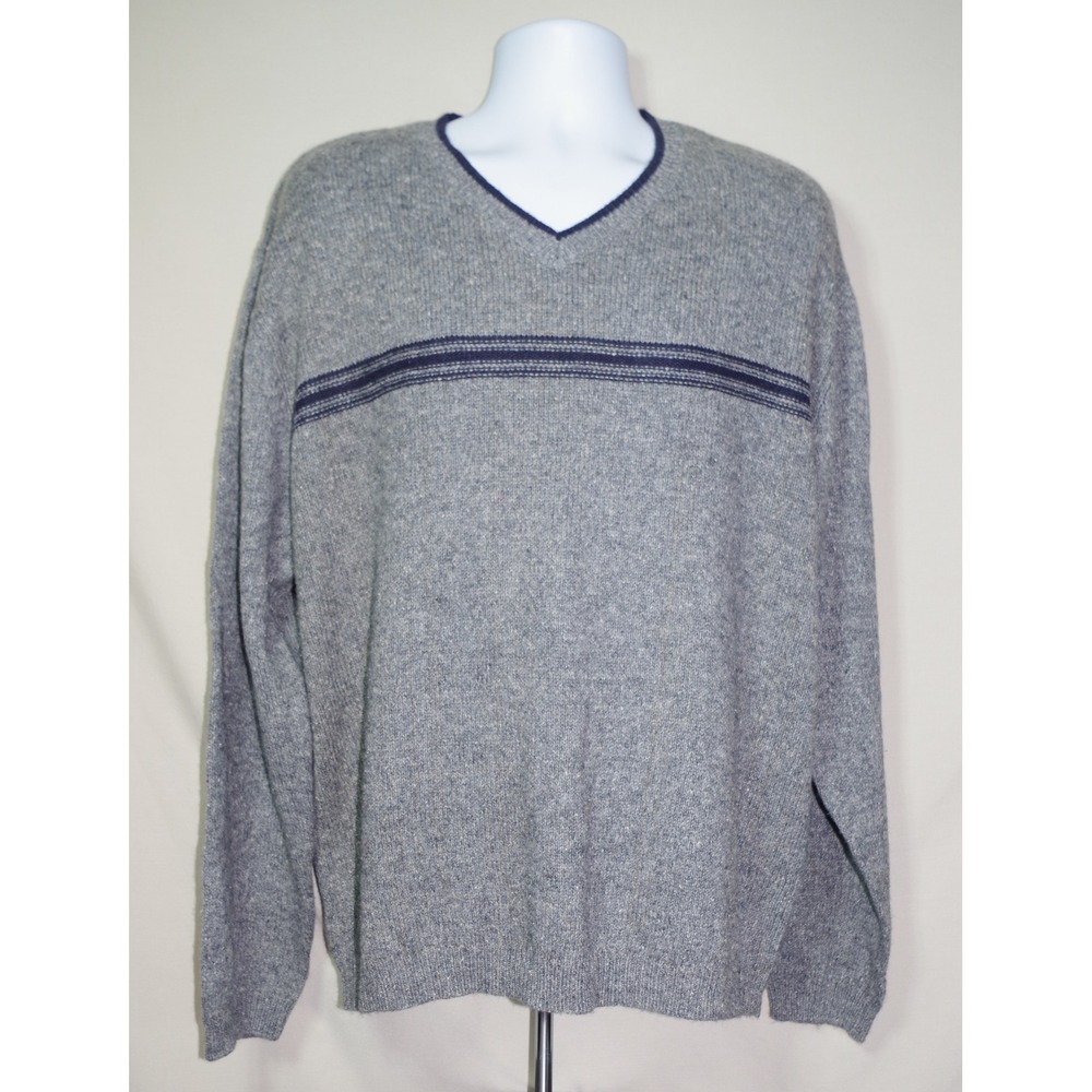 NWT QCI Mens XL V-Neck Sweater Gray Navy Blue Stripe Ramie Wool Pullover